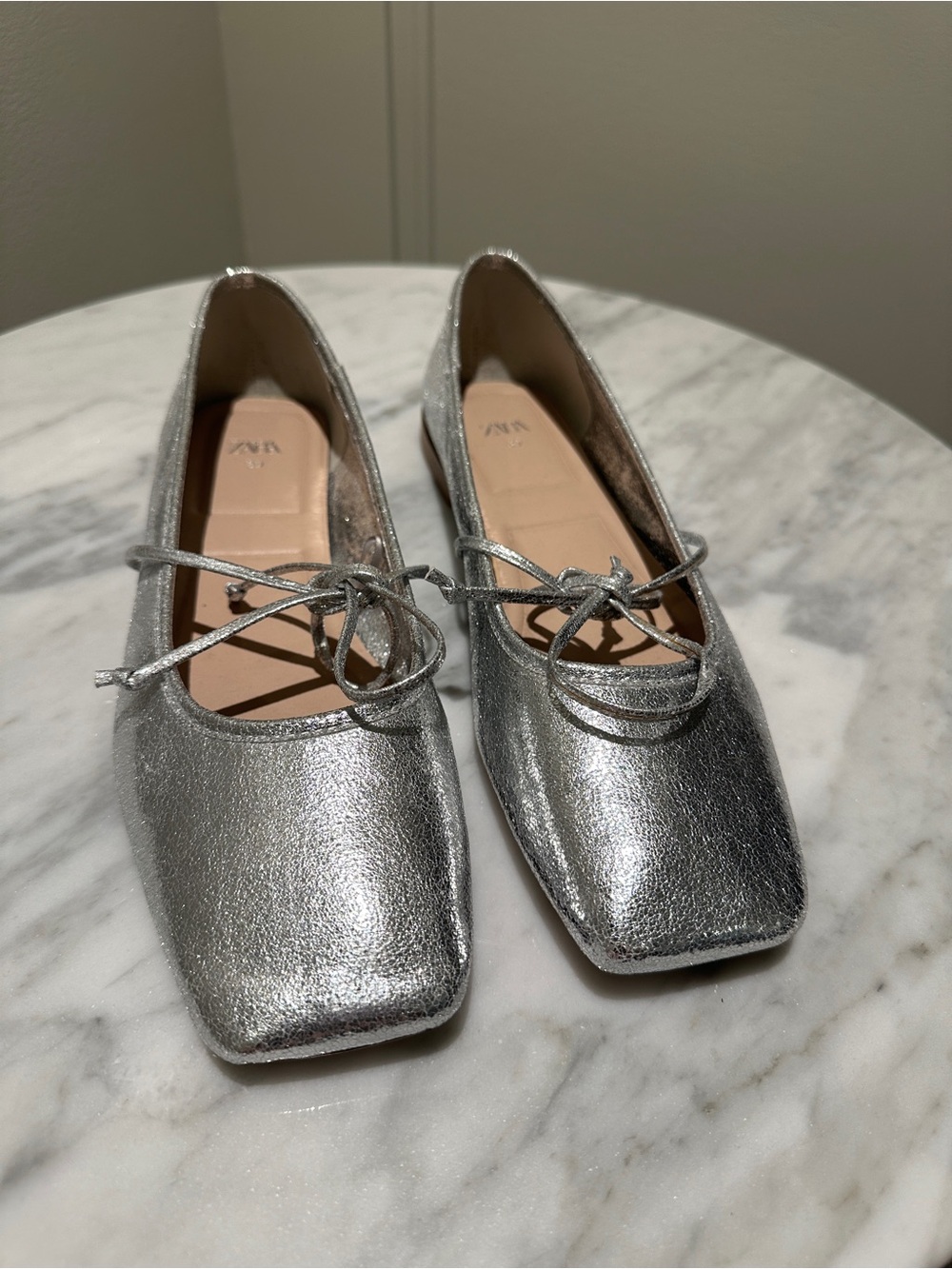 Zara Metallic Silver Square-Toe Ballet Flats with Tie Detail